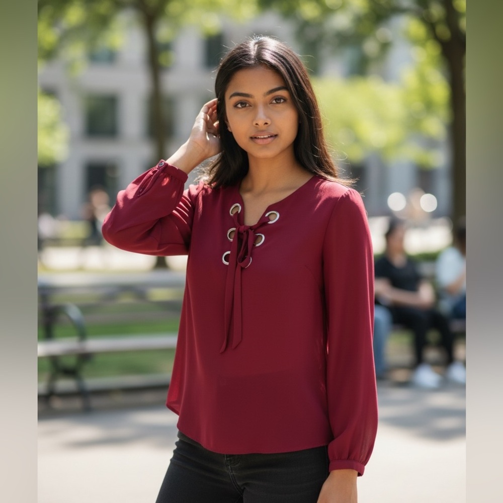 Nasty Gal Lace-Up grommets Burgundy Long Sleeve Top